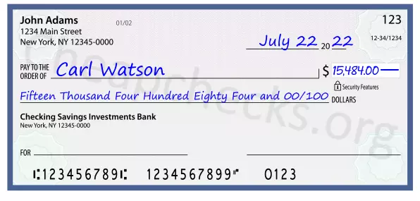 Fifteen Thousand Four Hundred Eighty Four and 00/100 filled out on a check