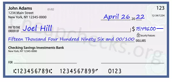 Fifteen Thousand Four Hundred Ninety Six and 00/100 filled out on a check