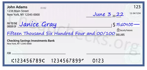 Fifteen Thousand Six Hundred Four and 00/100 filled out on a check