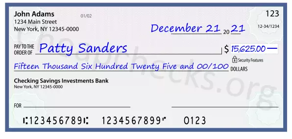 Fifteen Thousand Six Hundred Twenty Five and 00/100 filled out on a check