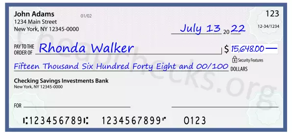 Fifteen Thousand Six Hundred Forty Eight and 00/100 filled out on a check