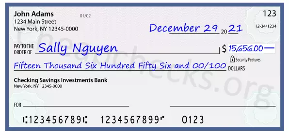 Fifteen Thousand Six Hundred Fifty Six and 00/100 filled out on a check