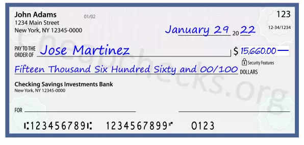 Fifteen Thousand Six Hundred Sixty and 00/100 filled out on a check