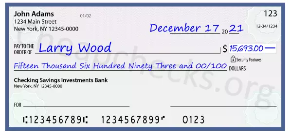 Fifteen Thousand Six Hundred Ninety Three and 00/100 filled out on a check