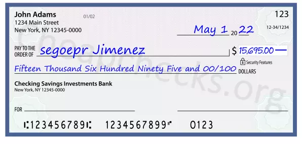 Fifteen Thousand Six Hundred Ninety Five and 00/100 filled out on a check