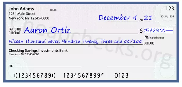 Fifteen Thousand Seven Hundred Twenty Three and 00/100 filled out on a check