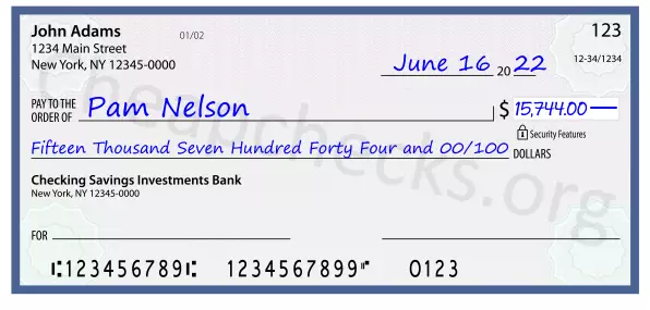 Fifteen Thousand Seven Hundred Forty Four and 00/100 filled out on a check