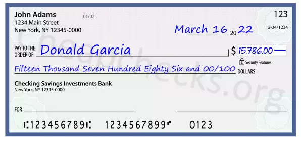 Fifteen Thousand Seven Hundred Eighty Six and 00/100 filled out on a check