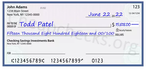 Fifteen Thousand Eight Hundred Eighteen and 00/100 filled out on a check