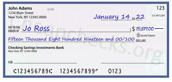 Fifteen Thousand Eight Hundred Nineteen and 00/100 filled out on a check