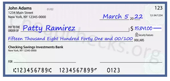 Fifteen Thousand Eight Hundred Forty One and 00/100 filled out on a check