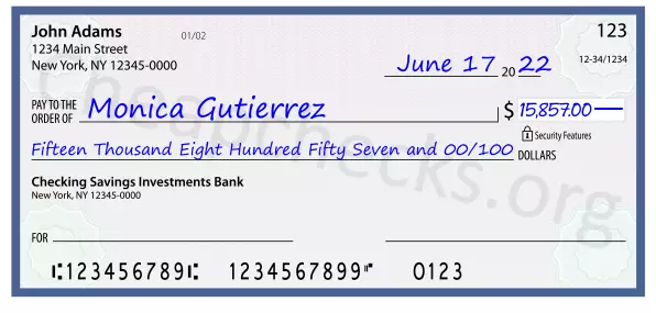 Fifteen Thousand Eight Hundred Fifty Seven and 00/100 filled out on a check