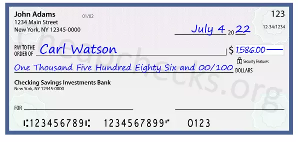 One Thousand Five Hundred Eighty Six and 00/100 filled out on a check