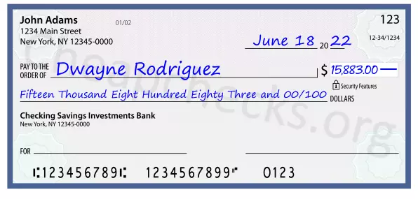 Fifteen Thousand Eight Hundred Eighty Three and 00/100 filled out on a check