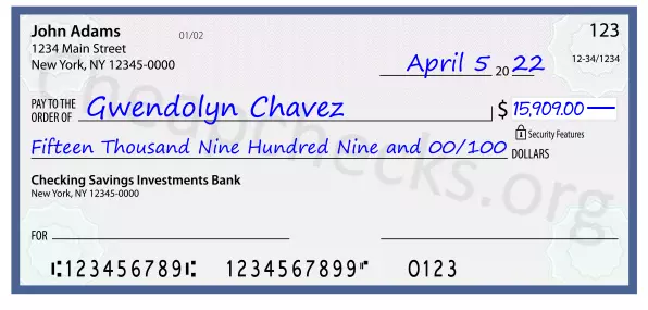 Fifteen Thousand Nine Hundred Nine and 00/100 filled out on a check