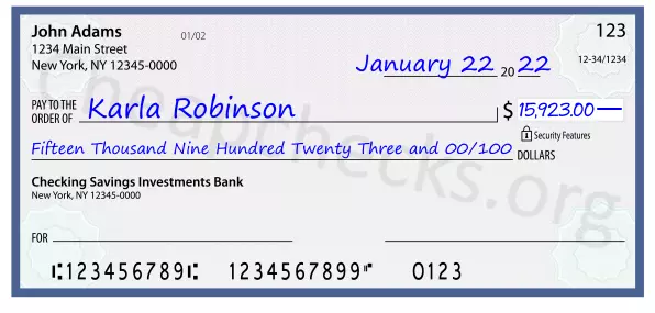 Fifteen Thousand Nine Hundred Twenty Three and 00/100 filled out on a check