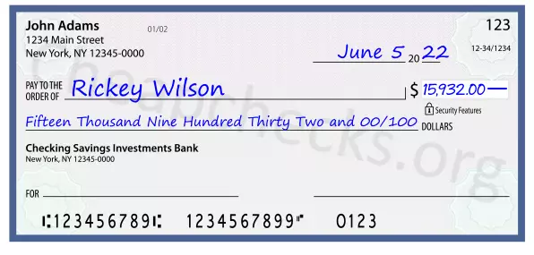 Fifteen Thousand Nine Hundred Thirty Two and 00/100 filled out on a check