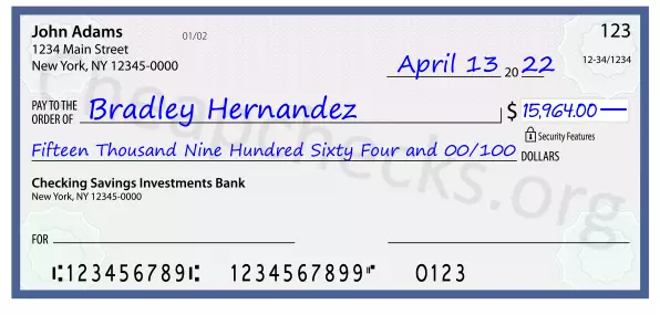 Fifteen Thousand Nine Hundred Sixty Four and 00/100 filled out on a check