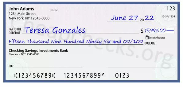 Fifteen Thousand Nine Hundred Ninety Six and 00/100 filled out on a check