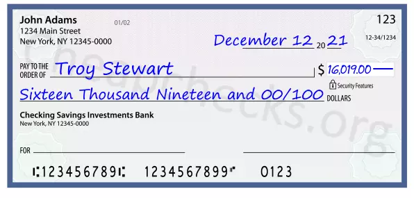 Sixteen Thousand Nineteen and 00/100 filled out on a check