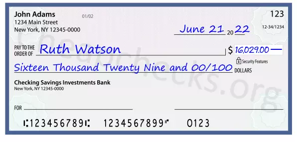 Sixteen Thousand Twenty Nine and 00/100 filled out on a check