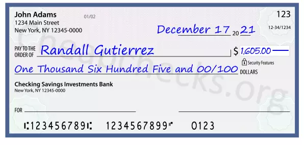 One Thousand Six Hundred Five and 00/100 filled out on a check