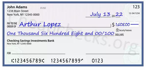 One Thousand Six Hundred Eight and 00/100 filled out on a check