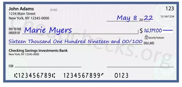 Sixteen Thousand One Hundred Nineteen and 00/100 filled out on a check