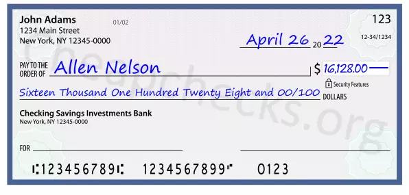 Sixteen Thousand One Hundred Twenty Eight and 00/100 filled out on a check