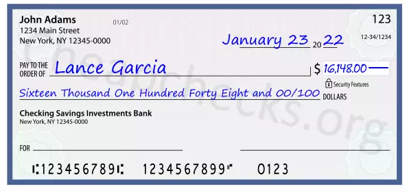 Sixteen Thousand One Hundred Forty Eight and 00/100 filled out on a check