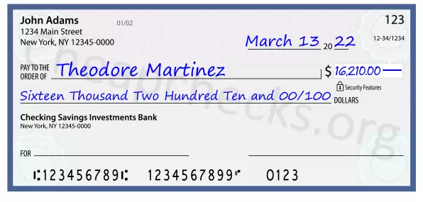 Sixteen Thousand Two Hundred Ten and 00/100 filled out on a check