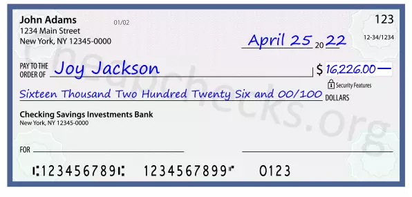 Sixteen Thousand Two Hundred Twenty Six and 00/100 filled out on a check