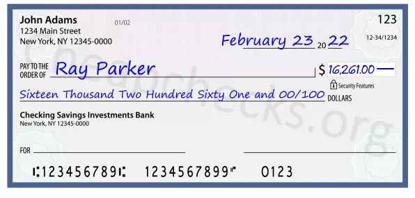 Sixteen Thousand Two Hundred Sixty One and 00/100 filled out on a check