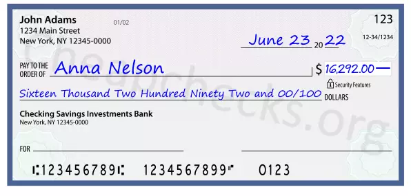 Sixteen Thousand Two Hundred Ninety Two and 00/100 filled out on a check