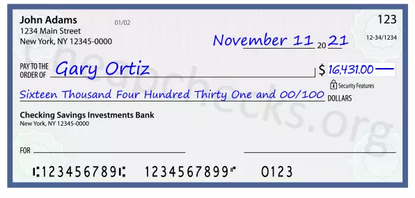 Sixteen Thousand Four Hundred Thirty One and 00/100 filled out on a check