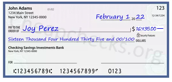 Sixteen Thousand Four Hundred Thirty Five and 00/100 filled out on a check