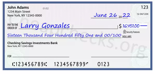 Sixteen Thousand Four Hundred Fifty One and 00/100 filled out on a check