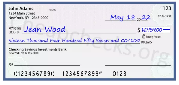 Sixteen Thousand Four Hundred Fifty Seven and 00/100 filled out on a check