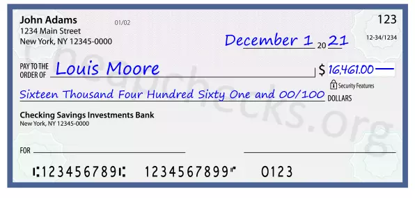 Sixteen Thousand Four Hundred Sixty One and 00/100 filled out on a check