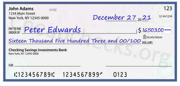 Sixteen Thousand Five Hundred Three and 00/100 filled out on a check