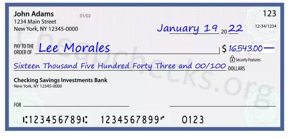 Sixteen Thousand Five Hundred Forty Three and 00/100 filled out on a check