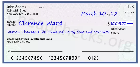 Sixteen Thousand Six Hundred Forty One and 00/100 filled out on a check