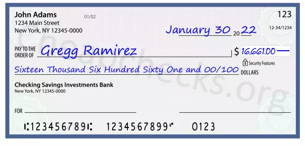 Sixteen Thousand Six Hundred Sixty One and 00/100 filled out on a check