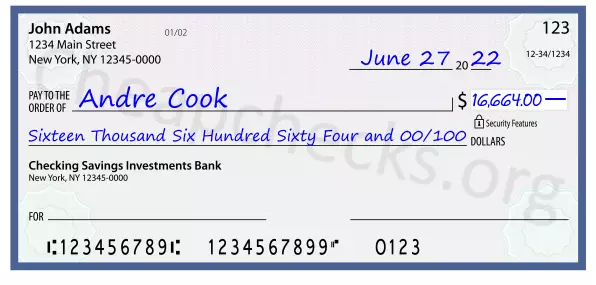 Sixteen Thousand Six Hundred Sixty Four and 00/100 filled out on a check