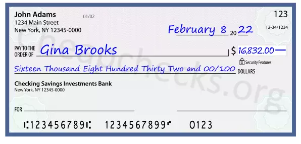 Sixteen Thousand Eight Hundred Thirty Two and 00/100 filled out on a check