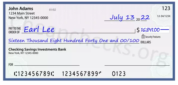 Sixteen Thousand Eight Hundred Forty One and 00/100 filled out on a check