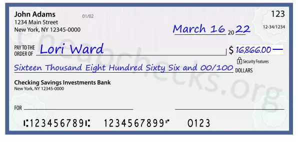 Sixteen Thousand Eight Hundred Sixty Six and 00/100 filled out on a check