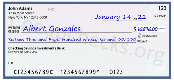 Sixteen Thousand Eight Hundred Ninety Six and 00/100 filled out on a check