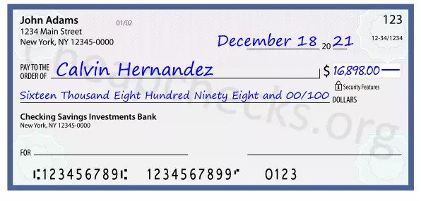 Sixteen Thousand Eight Hundred Ninety Eight and 00/100 filled out on a check