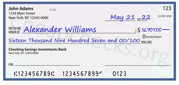 Sixteen Thousand Nine Hundred Seven and 00/100 filled out on a check